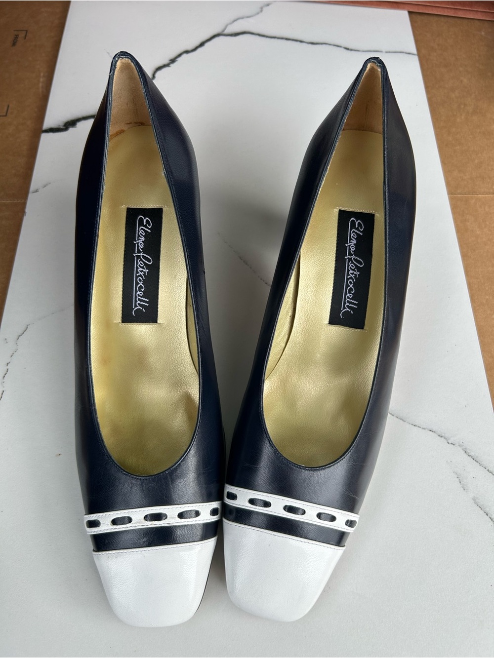 Never worn. Genuine leather made in Italy Navy and White Block Heel Pump RARE